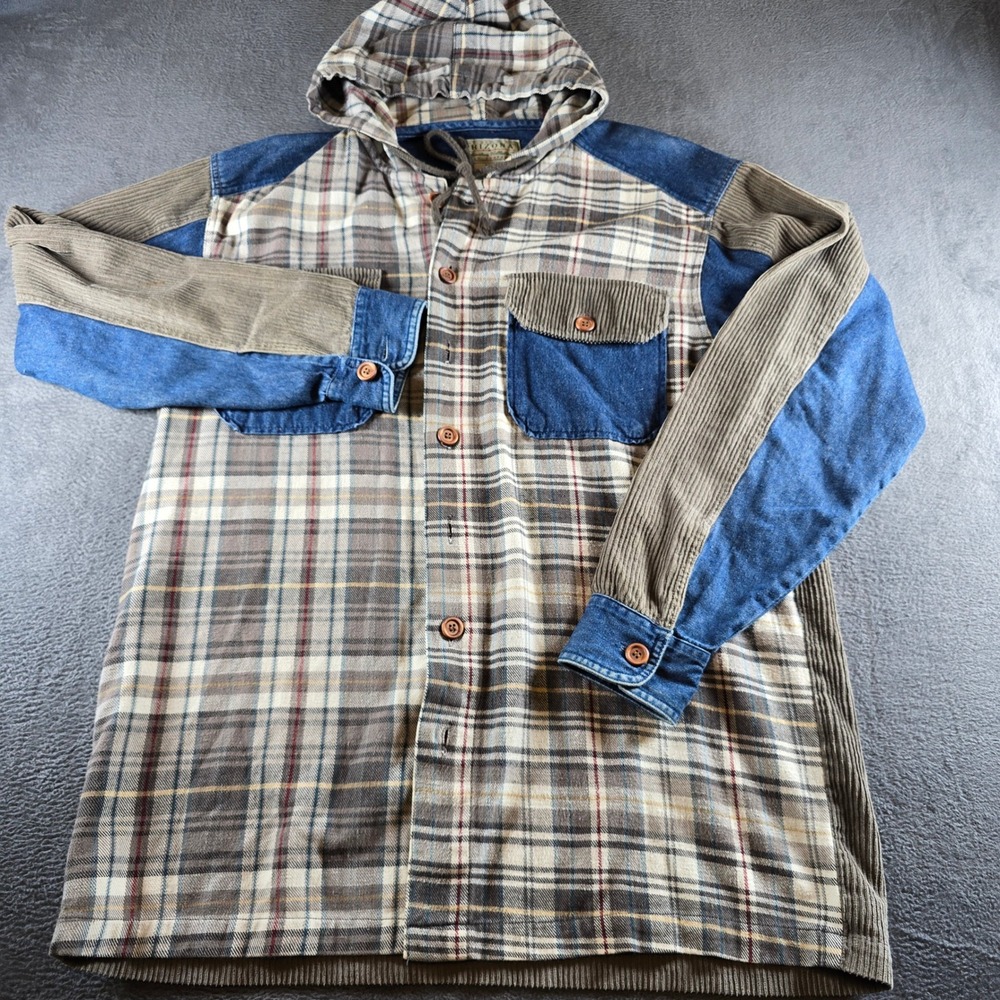 Arizona Jean Co Mixed Media Hooded Plaid Denim Corduroy Shirt Small Mens